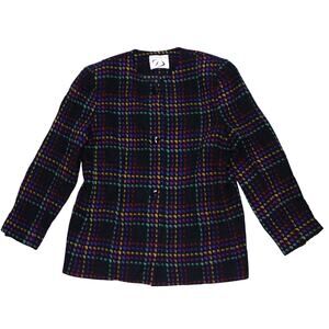 Vintage 60s 70s coat rainbow wool lined jacket mod black plaid sz M?